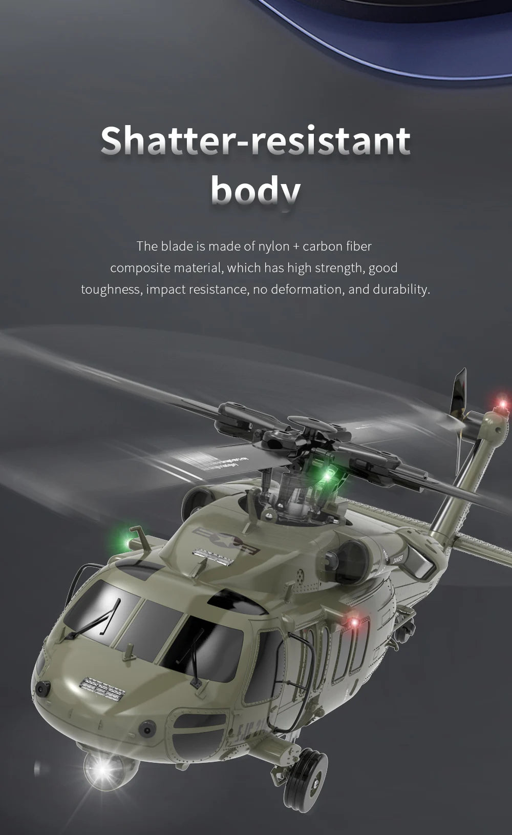 F09 6-Axis RC Helicopter, nylon + carbon fiber composite material has high strength, good toughness, impact resistance, no de