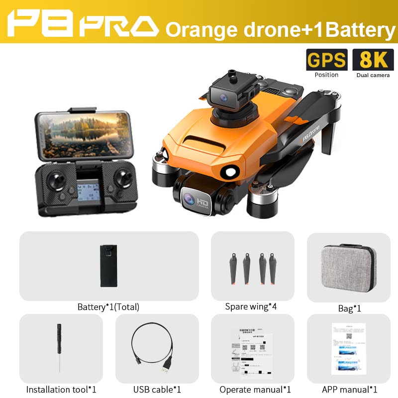 P8 Pro GPS Drone, PBFRA orange drone+1Battery GPS 8K Position Dual