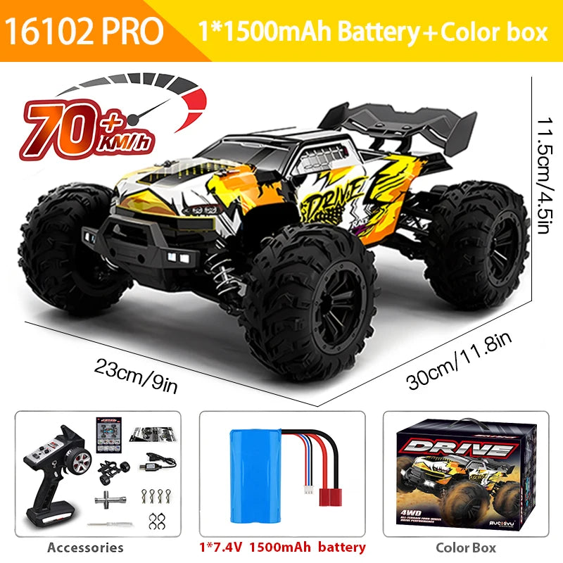 1:16 4WD RC Car, The 16102 PRO RC car features a brushless motor, 4WD, metal drivetrain, LED lights, 2.4G remote, 1500mAh battery, and reaches speeds over 70 km/h.