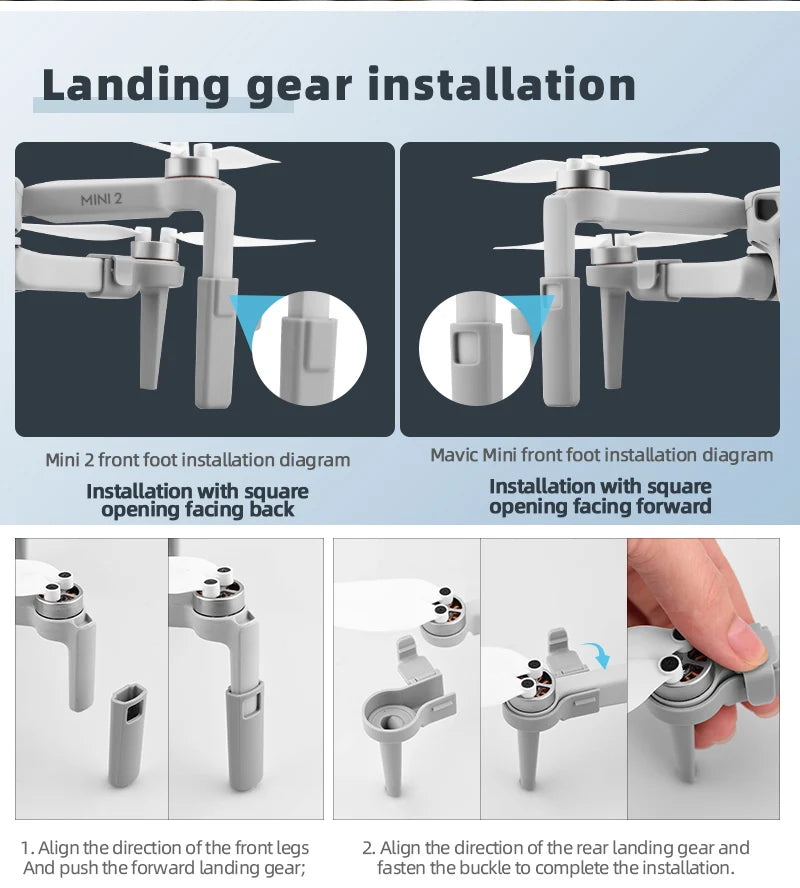 Mavic Mini 2 front foot installation diagram Installation with square fadng back opening facing