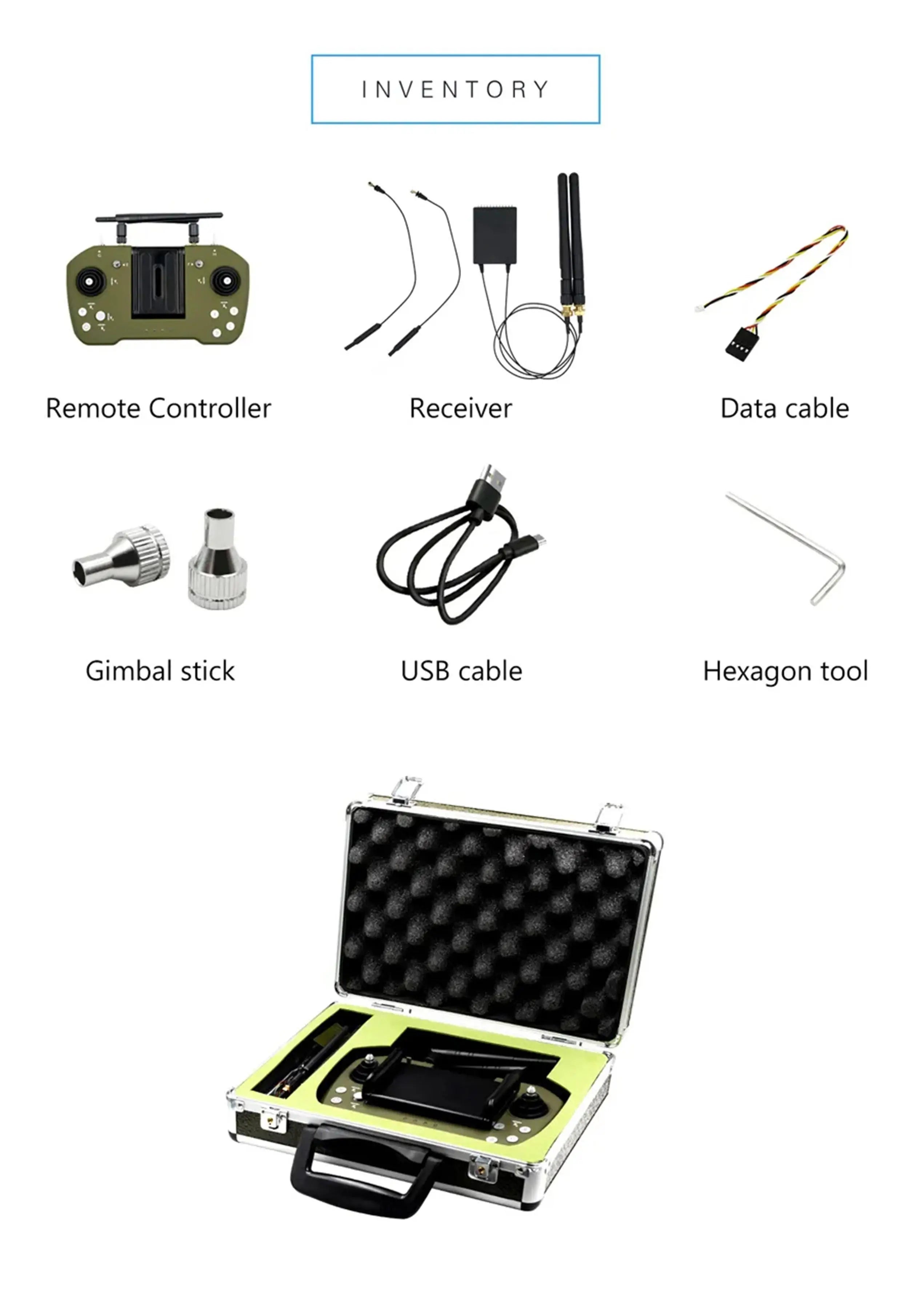 Kit contents: remote controller, receiver, cable, stick, and tool for Skydroid M12L drone radio system.