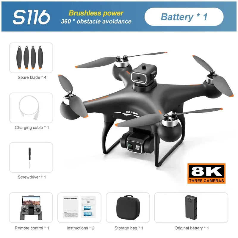 S116 MAX Drone, MAX Drone with 4K dual cameras, brushless motor, and obstacle avoidance features.