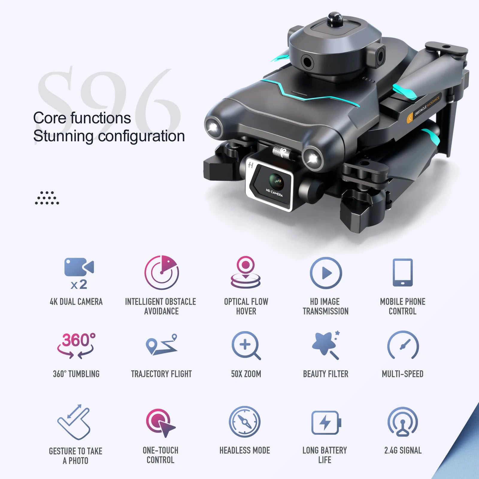 S96 Mini Drone, do core functions stunning configuration x2 4k dual camera intelligent obstacle