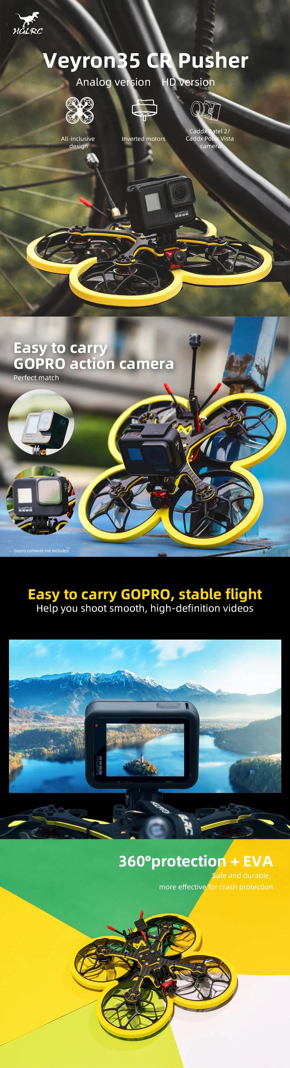 HGLRC Veyron35 CR Pusher - 3.5 Inch FPV Cinewhoop Racing Drone HD Polar Video Shooting - HD Version For RC FPV Quadcopter Drone 6 HGLRC Veyron35 CR Pusher - 3.5 Inch FPV, HGLRC Veyron35 CR Pusher, 82Pr8 Gopro cameras not included Easy to carry GOPRO action camera .