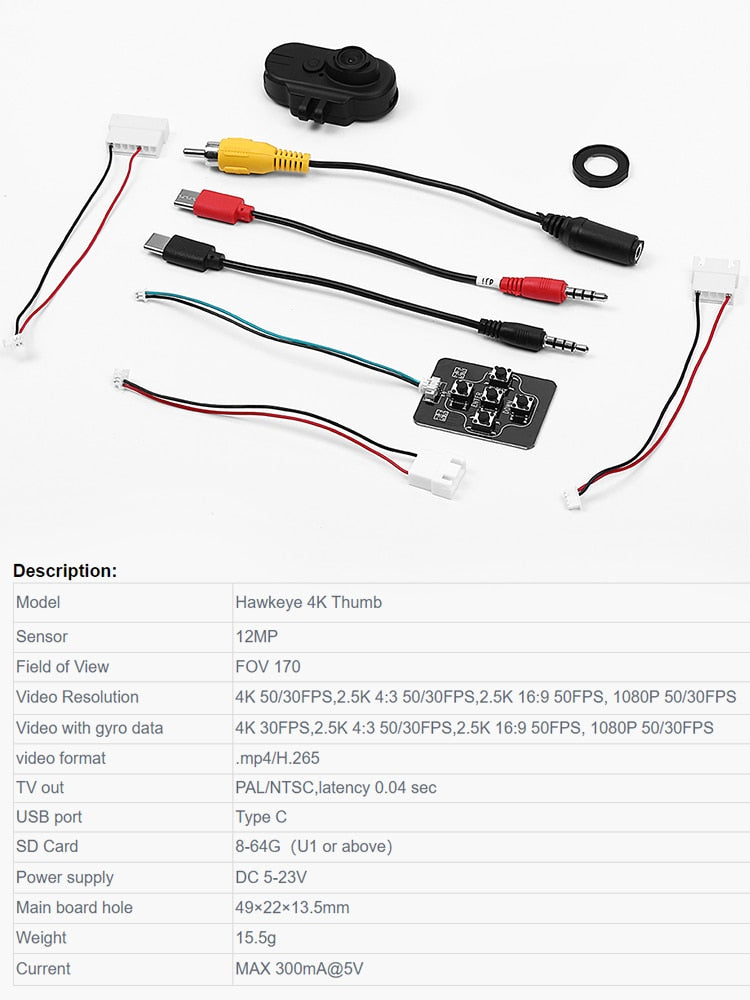 Hawkeye Thumb 4K HD FPV Camera - With ND16 Filter FOV 170 Gyroflow