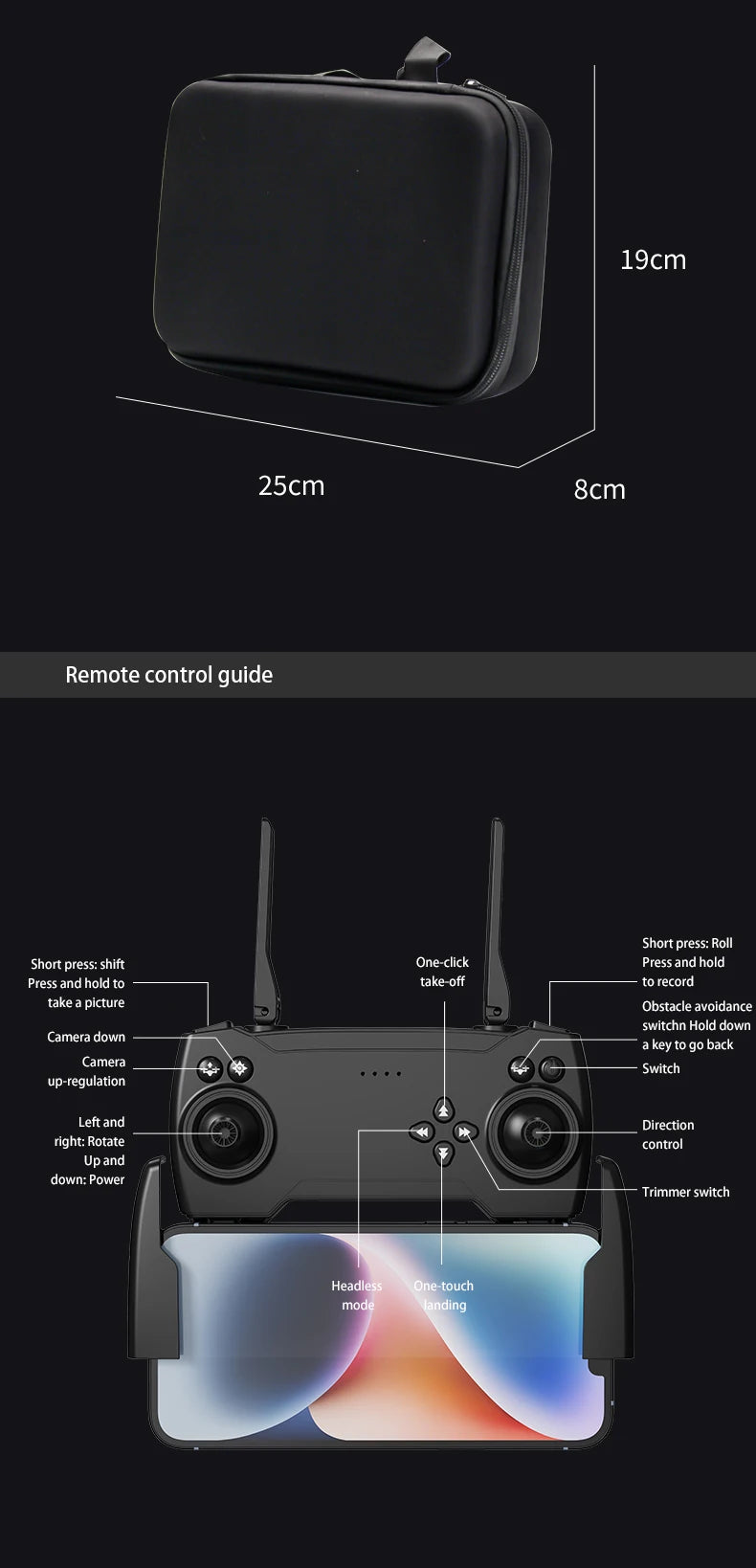 P18 Drone, Remote control guide 19cm 25cm 8cm akey to go back Camera
