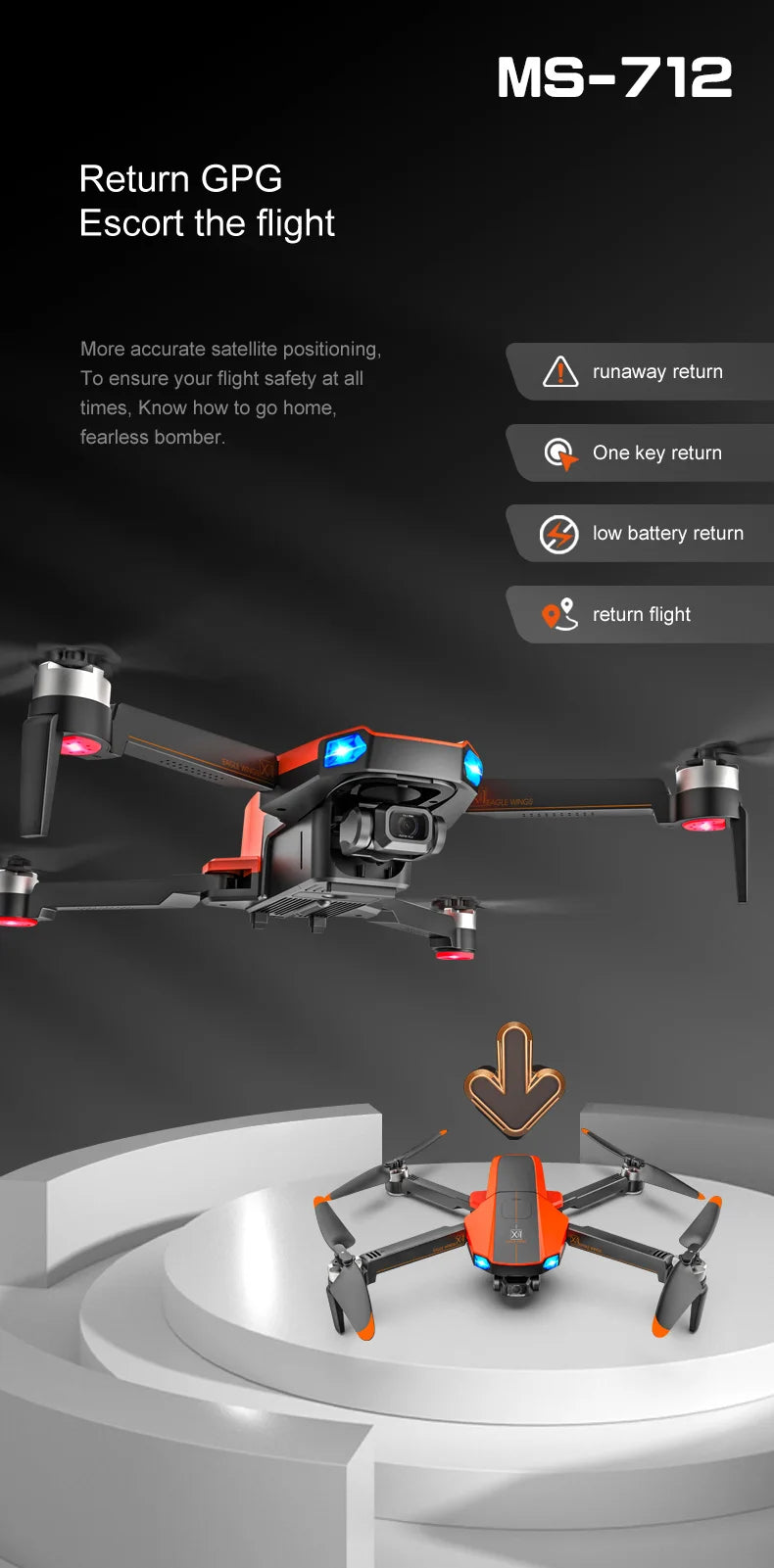 MS-712 Drone - GPS 5G 3-Axis Gimbal 8K HD UHD Camera Support TF Card Helicopter Brushless Motor FPV Quadcopter Aircraft Professional Camera Drone 39 MS-712 Drone, MS-712 Return GPG Escort the flight More accurate satellite positioning, Know how to