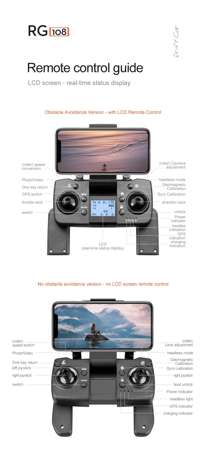 RG108 MAX Drone, no obstacle avoidance version no LCD screen remote control (roller) speed switch Lens adjustment Photo