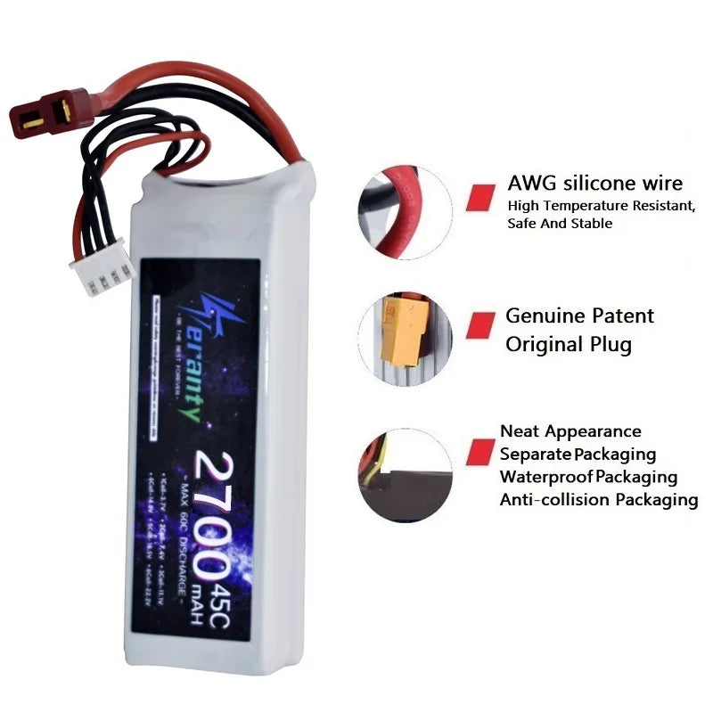 11.1V 2700mAh 3S 45C Lipo Battery Spare Parts, AWG silicone wire High Temperature Resistant Safe And Stable Genuine Patent Original 1 Ne
