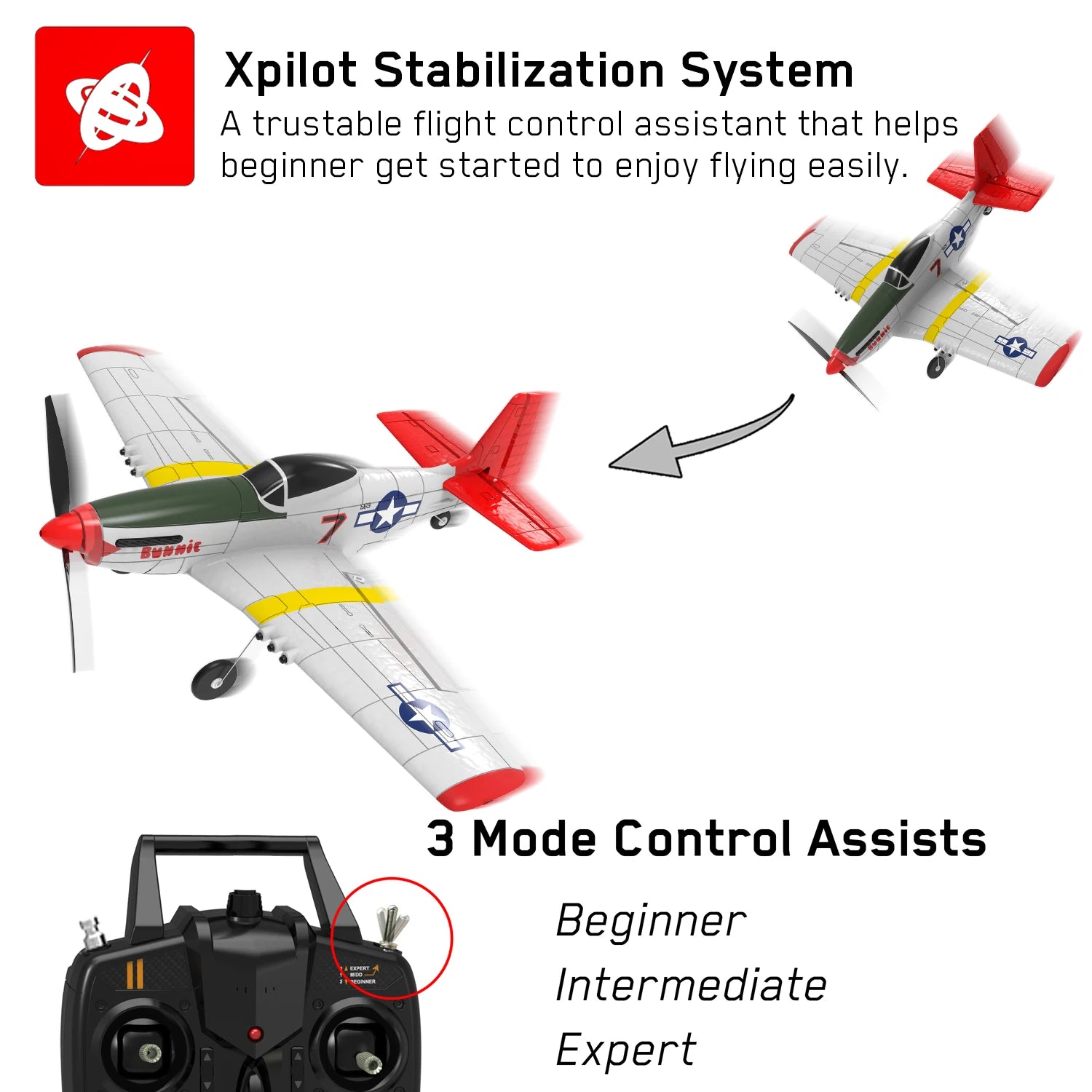 P51D RC Airplane - 2-Ch/4-Ch One-key Aerobatic RC Plane RTF Mustang Aircraft W/Xpilot Stabilization System (761-5 RTF) 15 P51D RC Airplane, Xpilot Stabilization System trustable flight control assistant that helps beginner started to enjoy flying