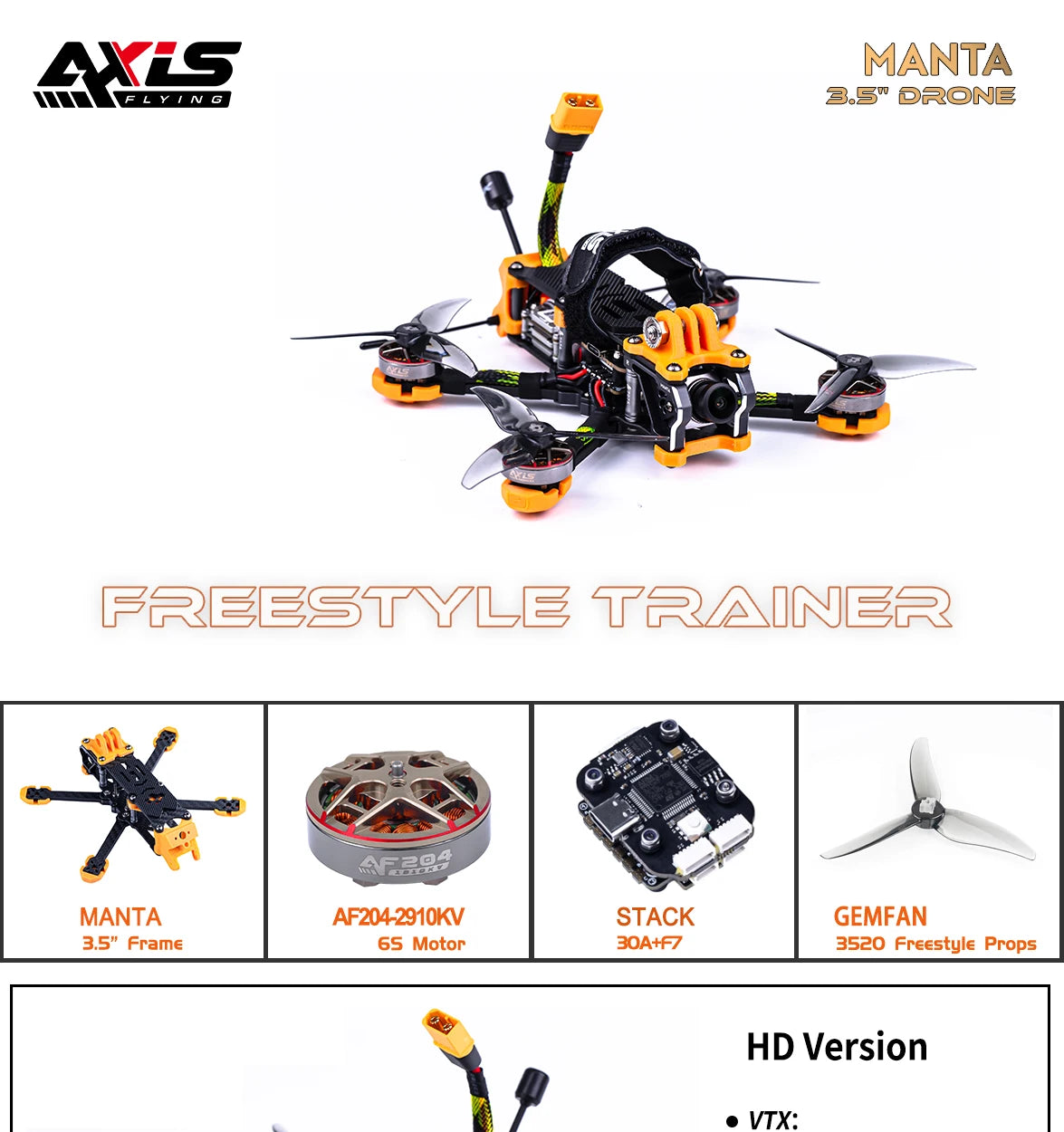 Axisflying MANTA3.5" - 3.5inch FPV Freestyle Training Drone - 4S 7 Axisflying MANTA3.5", Frame 65 Motor 3OA+FZ 3520 Freestyle Props HD Version VTX