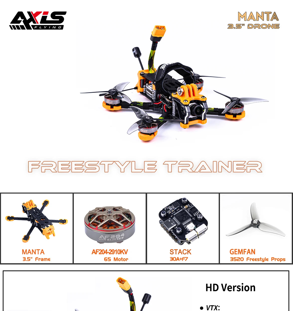 Axisflying MANTA3.5", Frame 65 Motor 3OA+FZ 3520 Freestyle Props HD Version VTX