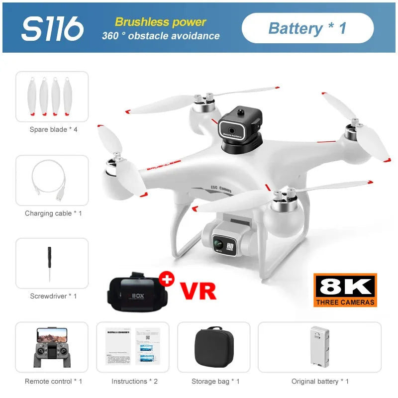 S116 MAX Drone, MAX Drone: 4K camera, brushless motor, obstacle avoidance, plus accessories like spare blades, charger, and storage bag.