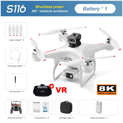 S116 MAX Drone, MAX Drone: 4K camera, brushless motor, obstacle avoidance, plus accessories like spare blades, charger, and storage bag.