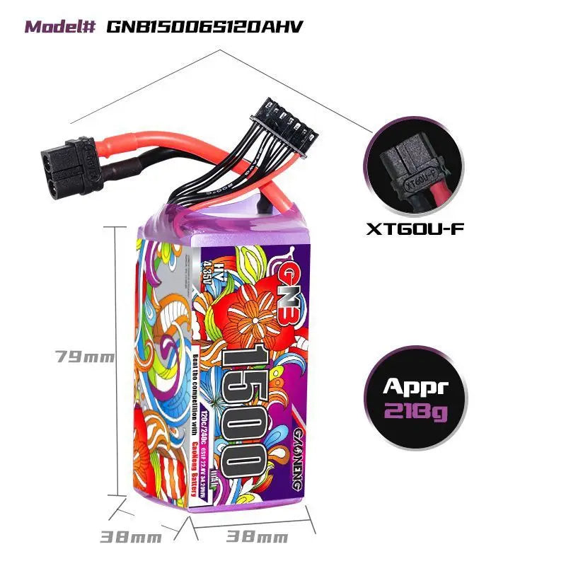 High-voltage lithium-ion battery pack with 22.8V, 1500mAh capacity and high discharge rate suitable for FPV drones.