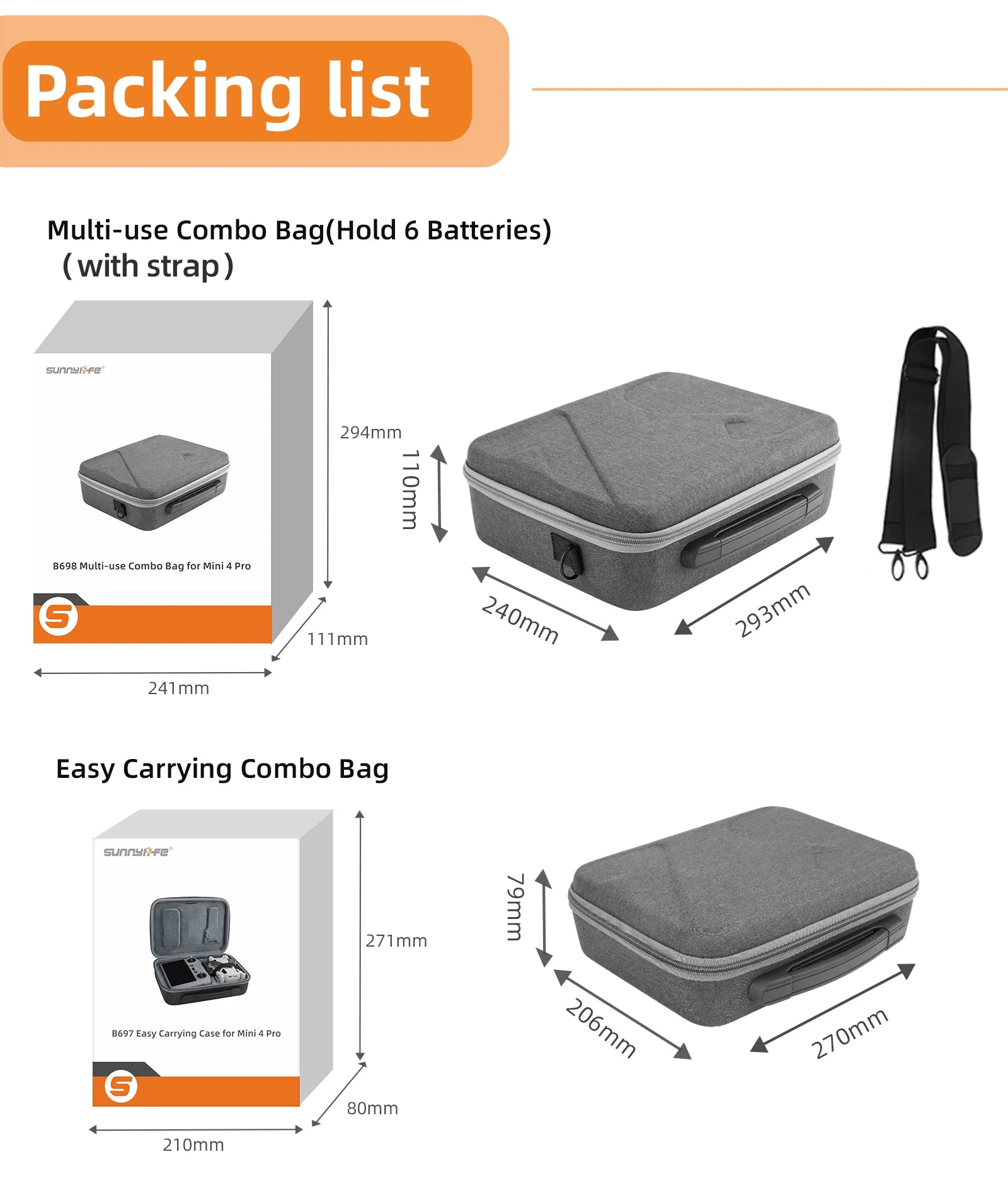 Portable Carrying Case For DJI Mini 4 Pro, 294mm 7 B698 Multi-use Combo Bag(Hold 6 Batteries