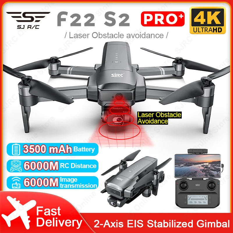 SJRC F22 S2 Pro + Drone, Advanced drone with 4K HD camera, obstacle avoidance, GPS, and stabilization features.