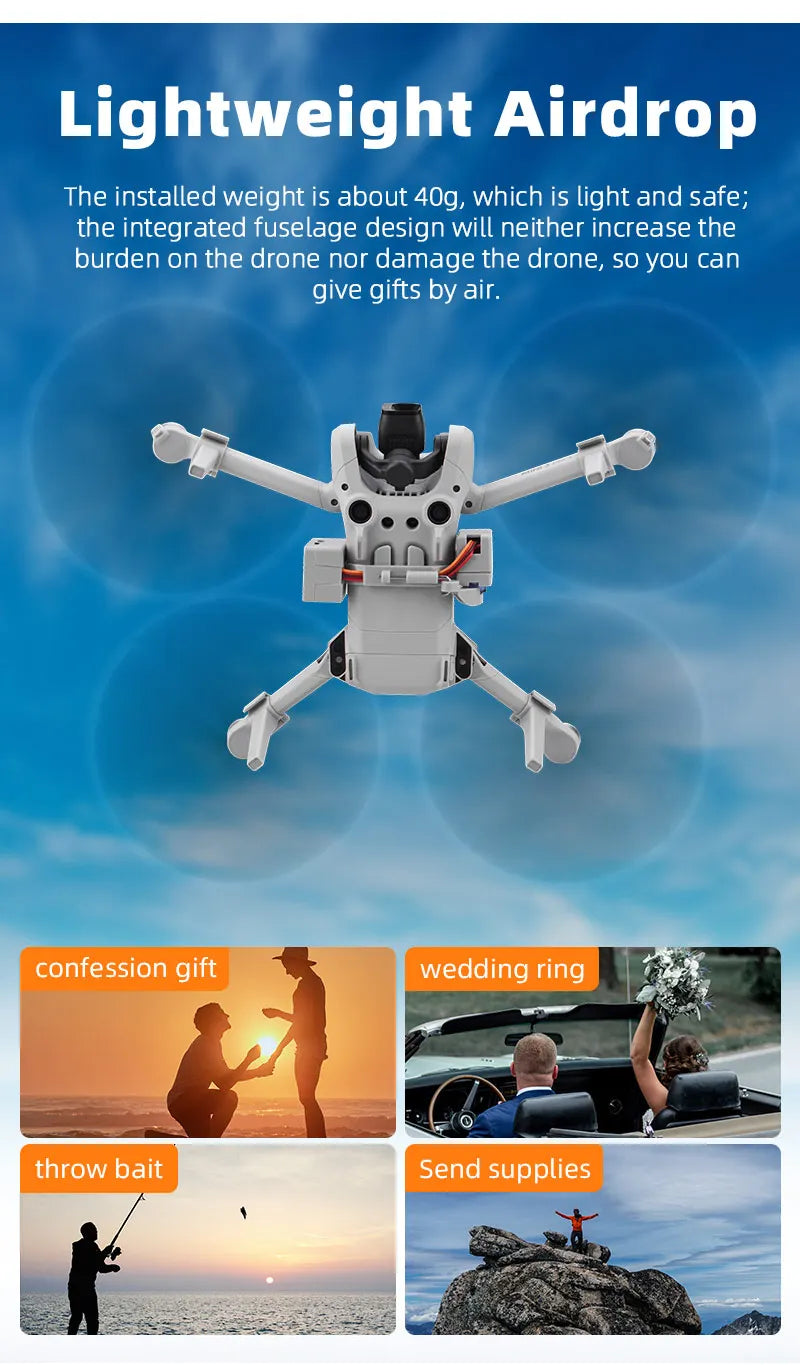 Airdrop System for DJI Mavic 3/2 Pro Zoom AIR 2 Mini 2/Mini 3 Drone Fishing Bait Wedding Ring Gift Deliver Life Rescue Thrower 87 Lightweight Airdrop The installed weight is about 40g, which is light and safe .