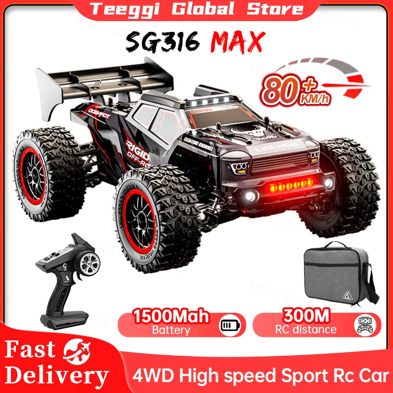 ZLL SG316 MAX/PRO 1:16 4WD Rc Car, SG316 MAX 4WD RC car reaches 80+ km/h, features 1500mAh battery, 300M range, LED lights, and durable metal drivetrain for high-performance off-road driving.