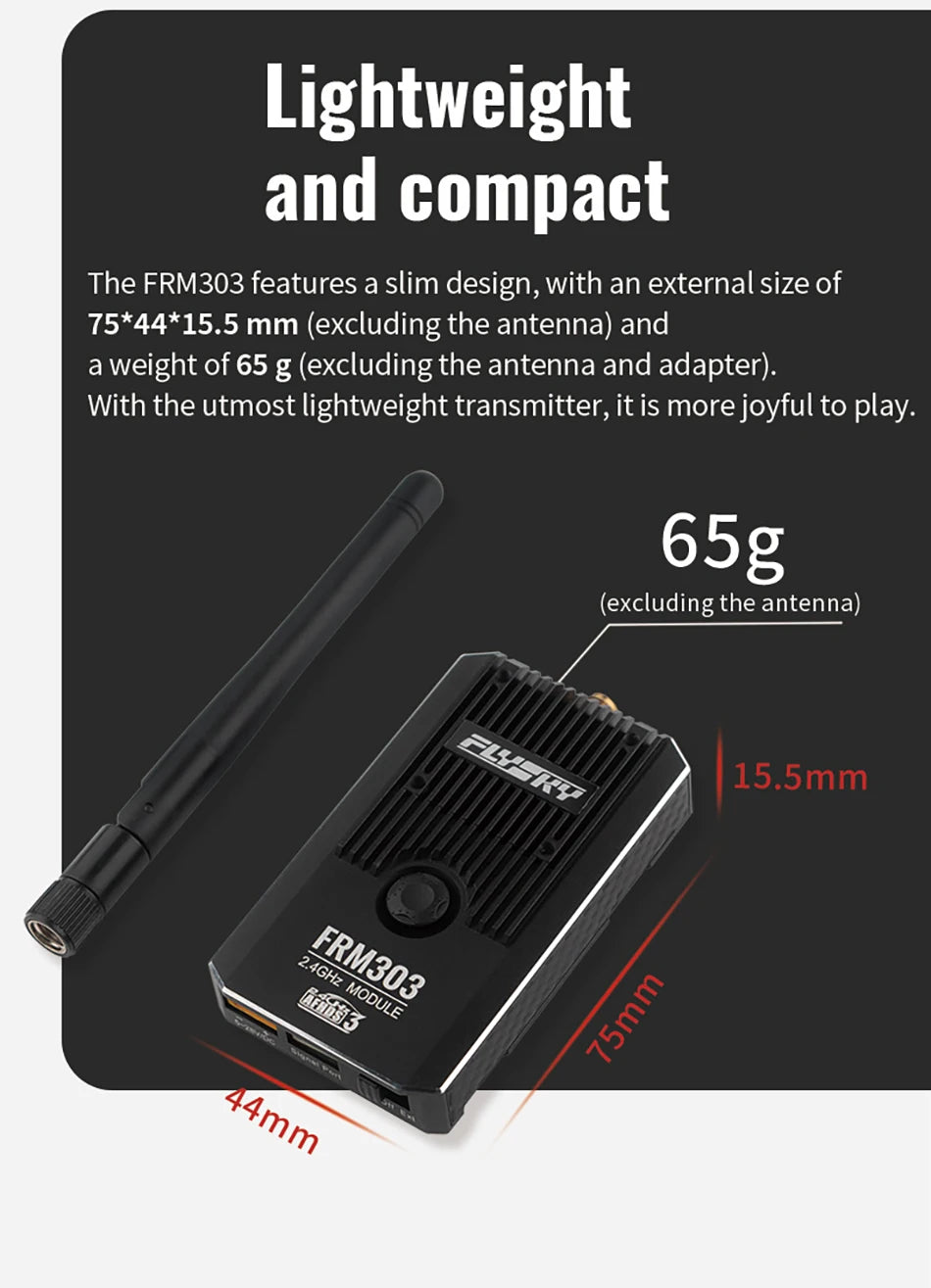 FLYSKY FRM303 2.4GHz TX Module, the FRM3O3 features a slim design, with an external size of 75*