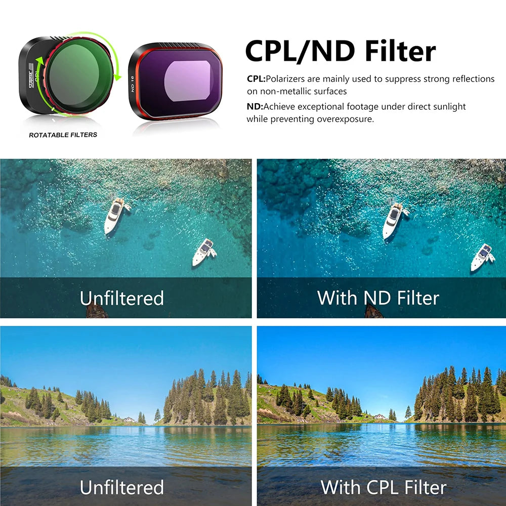 STARTRC Lens Filter, STARTRC CPL/ND filters reduce glare and overexposure, with a rotatable design for better sunlight footage; CPL cuts water reflections.