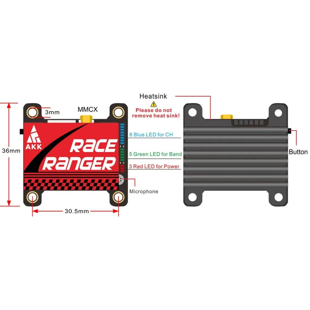 AKK Race Ranger 1.6W 5.8G VTX, Please do not remove heat sinkl Blue LED for CH 36mm AKK RaCE Button