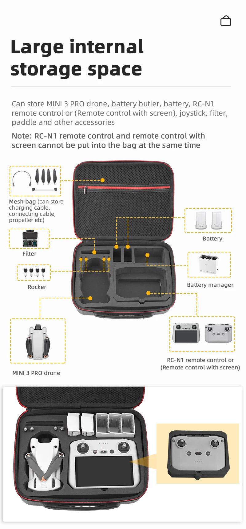 Storage Case Portable Suitcase For DJI Mini 3 Pro, large internal storage space Can store MINI 3 PRO drone, battery butler, battery, RC