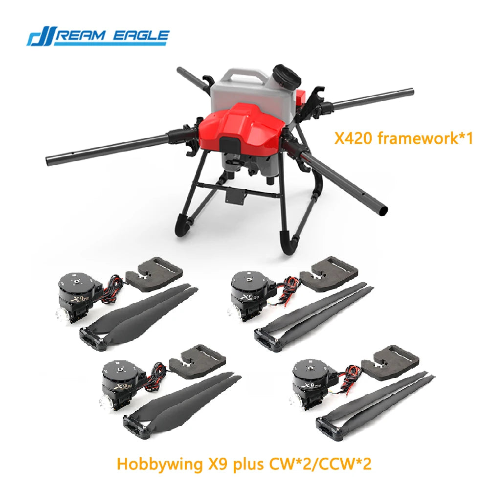 The Dreameagle X420 20L agricultural spray drone features a 4-axis system and Hobbywing X9 plus power system.