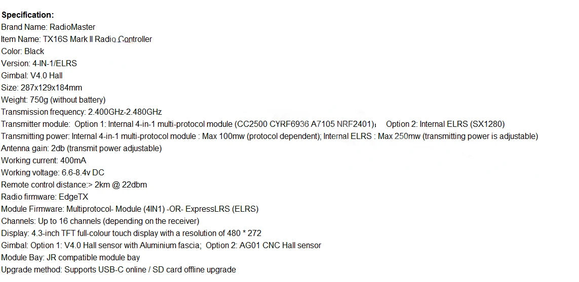 RadioMaster TX16S Mark II V4.0 Hall Gimbal 4IN1 ELRS Radio Controller Support EdgeTX/OpenTX Built-in Dual Speakers for RC Drone 19 4.3-inch touch display with a resolution of 480 272 . Display: