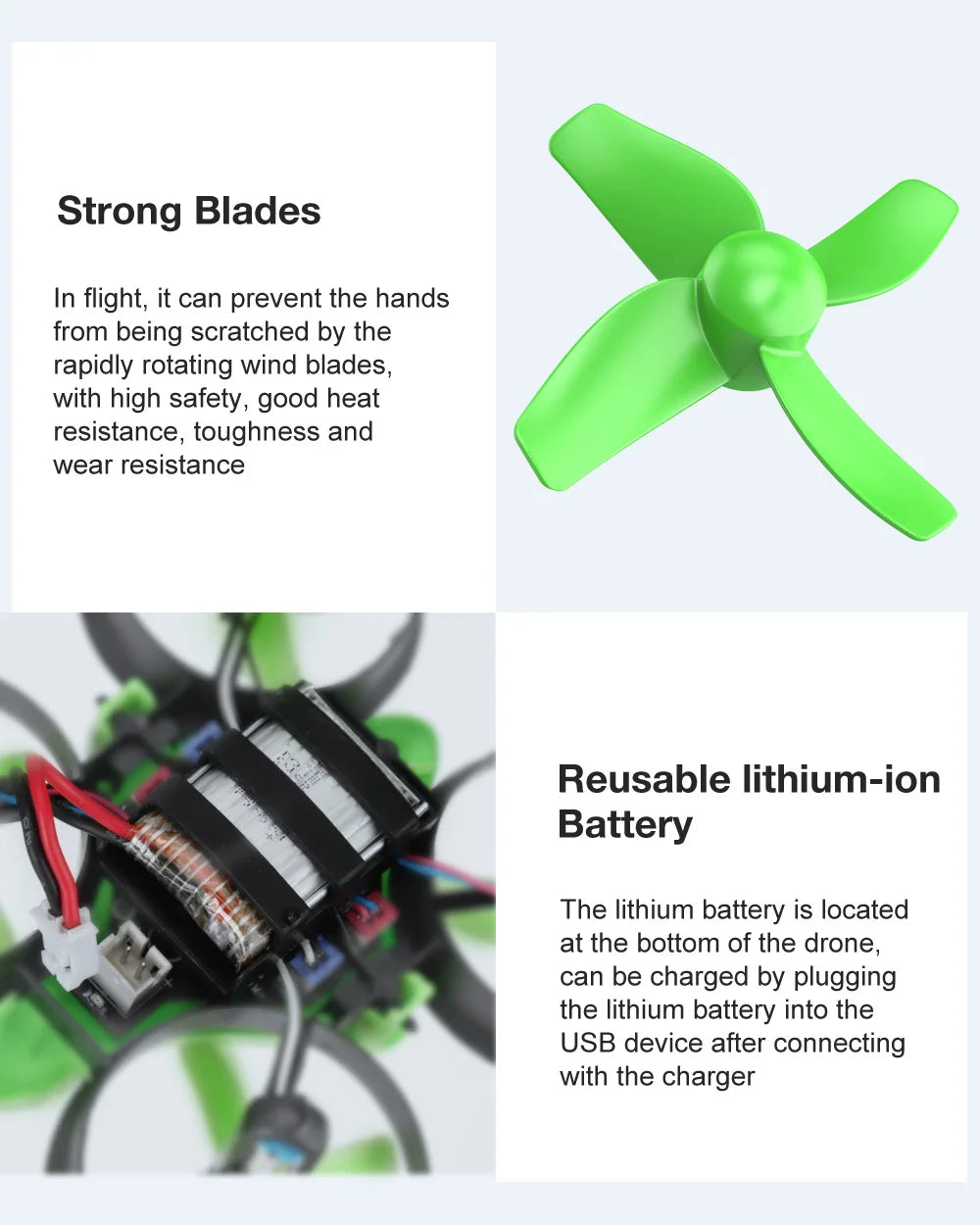 Eachine E017 Mini Drone, reusable iithium-ion battery is located at