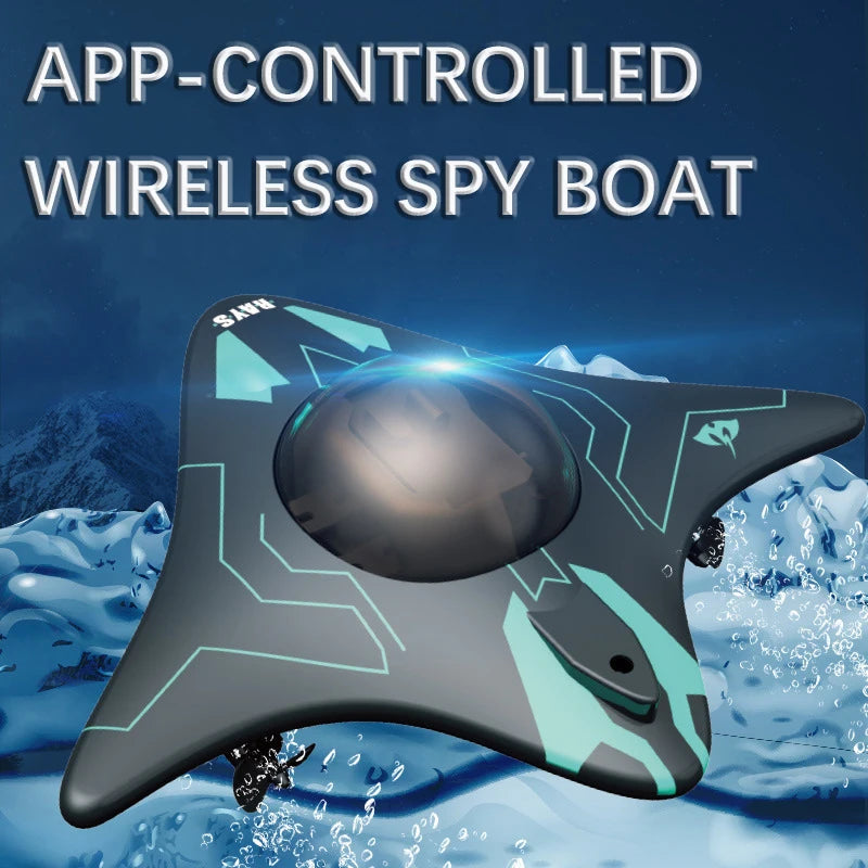 Kmoist WiFi FPV RC Boat, App-controlled wireless spy boat with camera and LED lights.