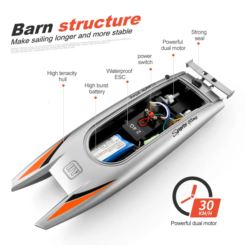HGCYRC 805 RC Boat, Barn-designed drone offers stability with a durable hull, dual motors, waterproof ESC, 2.4G battery, and reaches 30 km/h.