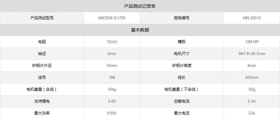 T-motor MN3508 KV580 Motor SPECIFICATIONS Use