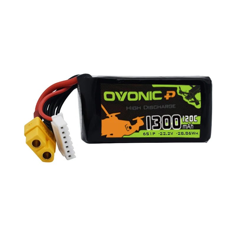 2.jpg Ovonic's 14.8V/22.2V 1300mAh LiPo battery for drones with 300R5 discharge rate and 28.86Wh capacity.