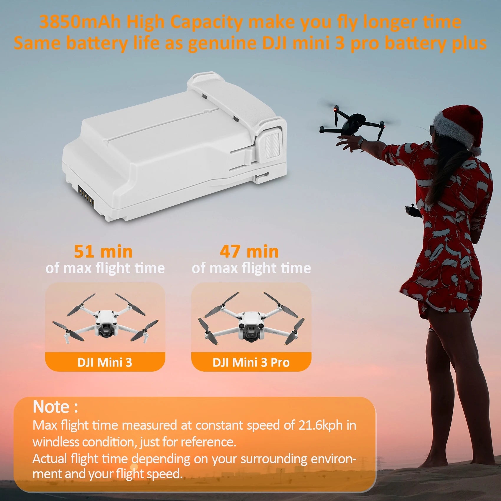 DJI Mini 4 pro Battery, The Hesuman High Capacity Battery has similar battery life to genuine DJI Mini 4 Pro batteries, with up to 51 minutes of max flight time.