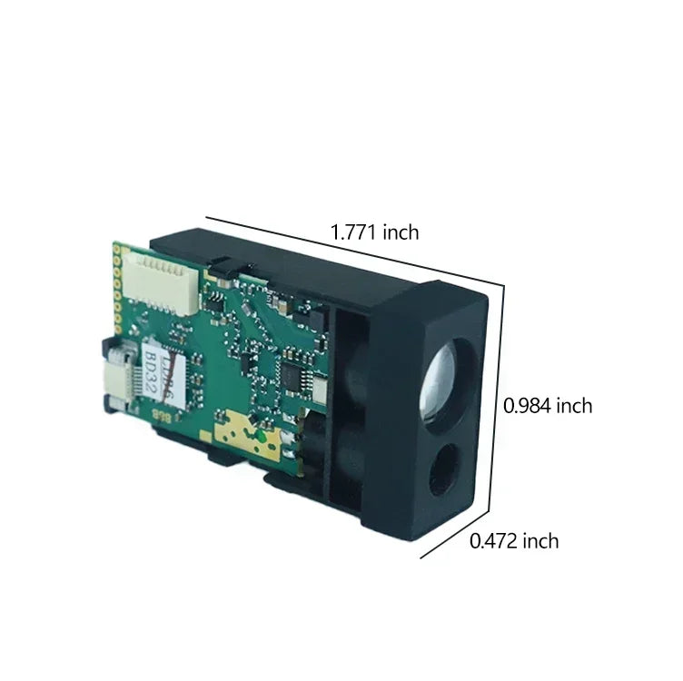 Laser distance sensor with 50–60m range, 10Hz refresh, Class 2 safety, 620–690nm wavelength, and ±1–3mm accuracy.