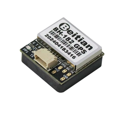Beitian BH-182 GPS module close-up with 6-pin connector and labeled pads (PPS, TX, VCC, GND)