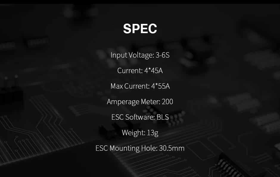 T-Motor V45A LITE 6S 4IN1 ESC, ESC Software: BLS Weight: 13g ESC Mounting Hole: 30.
