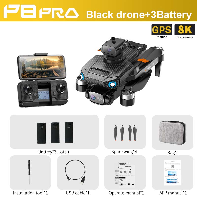 P8 Pro GPS Drone, PBFrA Black drone+3Battery GPS 8K