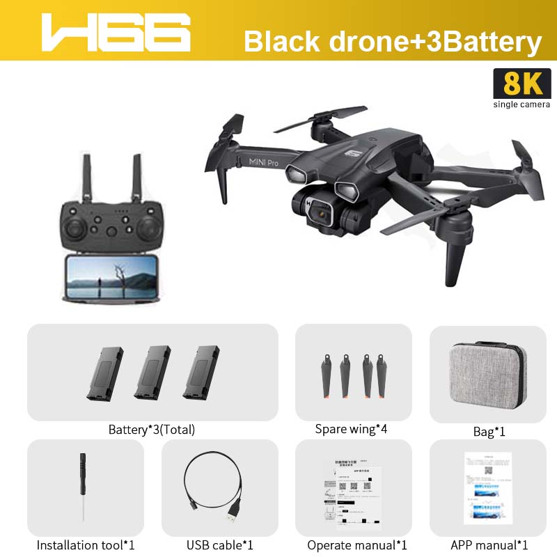 H66 Drone, Black drone+3Battery 8K single camera PIN Pro