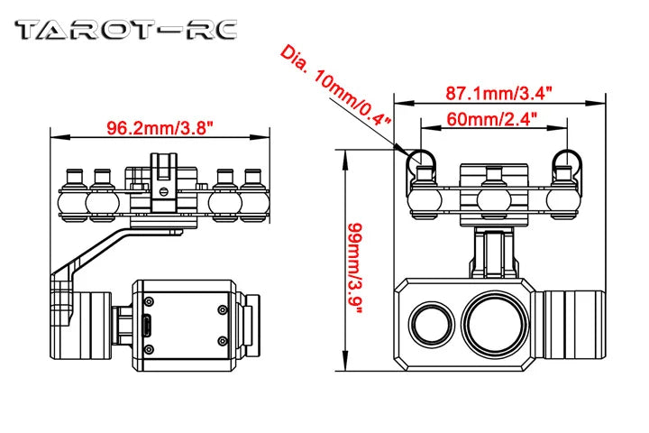 Tarot TL3T21 3-Axis Brushless Gimbal 640*512 Thermal Imaging Camera & Visible Light Camera 3-6S Input S-Bus PWM Receiver 10 adopts CNC integral ribbed structure, built-in independent IMU to accurately control P