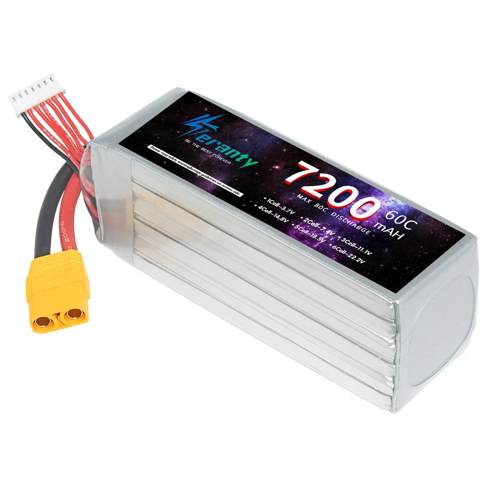 TERANTY 6S 22.2V 7200mAh 60C Lipo Battery, Battery for RC FPV drones, 6S 22.2V 7200mAh 60C LiPo with Deans T, XT90, EC5, and XT60 connectors.