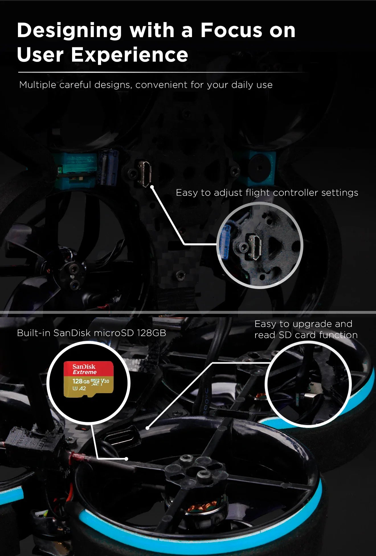 FLYWOO CineRace20 V2 HD DJI O3 2inch w/ SanDisk 128GB Sub250 4K/1080P cinewhoop 11 Built-in SanDisk microSD 128GB read SD card function Sanisk Extreme