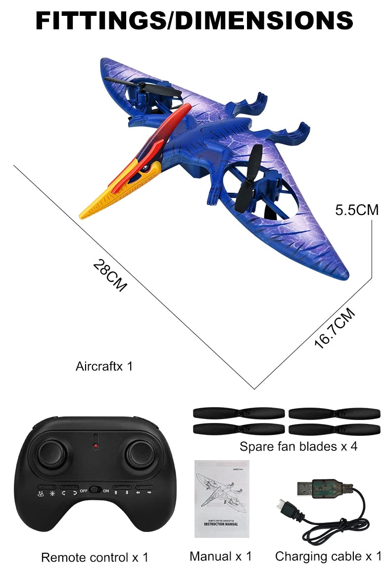 MXW New Mini Drone Dinosaur Remote Control Aircraft 2.4G Radio Control Helicopter Pterosau Drones RC Plane Children's Flying Toy 17 FITTINGSIDIMENSIONS 5.5CM Aircraftx 1 Spare fan blade