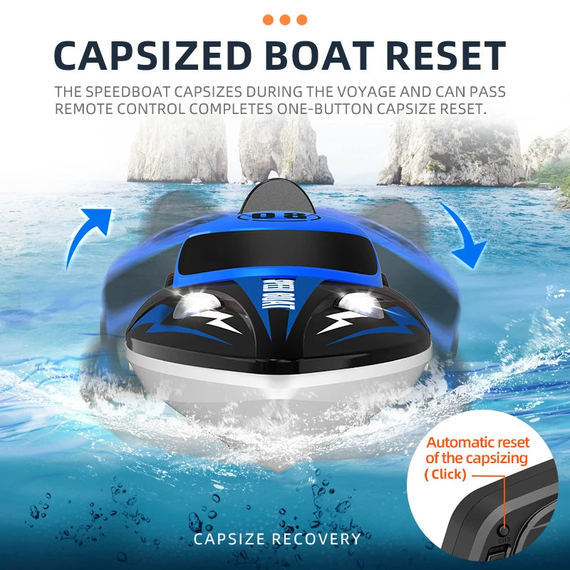 HJ808 RC Boat, High-speed RC boat with 25km/h speed, 150m range, 2.4GHz remote, one-button reset, and 7.4V battery for automatic recovery.
