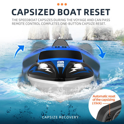 HJ808 RC Boat, High-speed RC boat with 25km/h speed, 150m range, 2.4GHz remote, one-button reset, and 7.4V battery for automatic recovery.