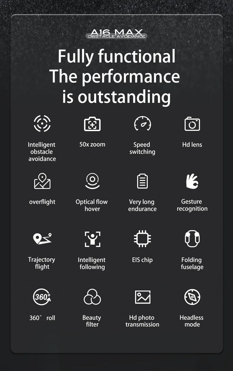 A16 MAX Drones - Professional ESC HD Triple Camera-360° Obstacle Avoidance-Optical Stream Positioning Quadcopter 10 A16 MAX Drone, intelligent eis chip folding flight following fuselage 3607 3605