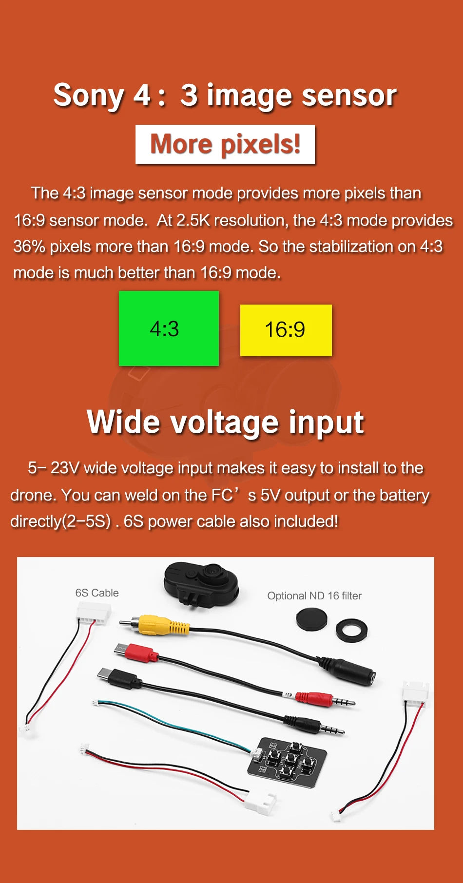 Hawkeye Thumb 4K HD FPV Camera, 4.3 image sensor mode provides 36% more pixels than 16.9 sensor mode . 4.3