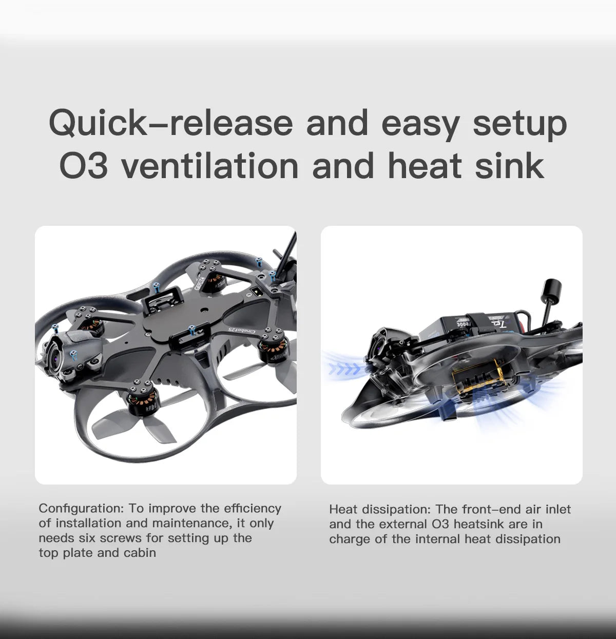 GEPRC Cinebot25 HD O3 FPV Drone, quick-release and easy setup 03 ventilation and heatsink are in needs six screws for setting