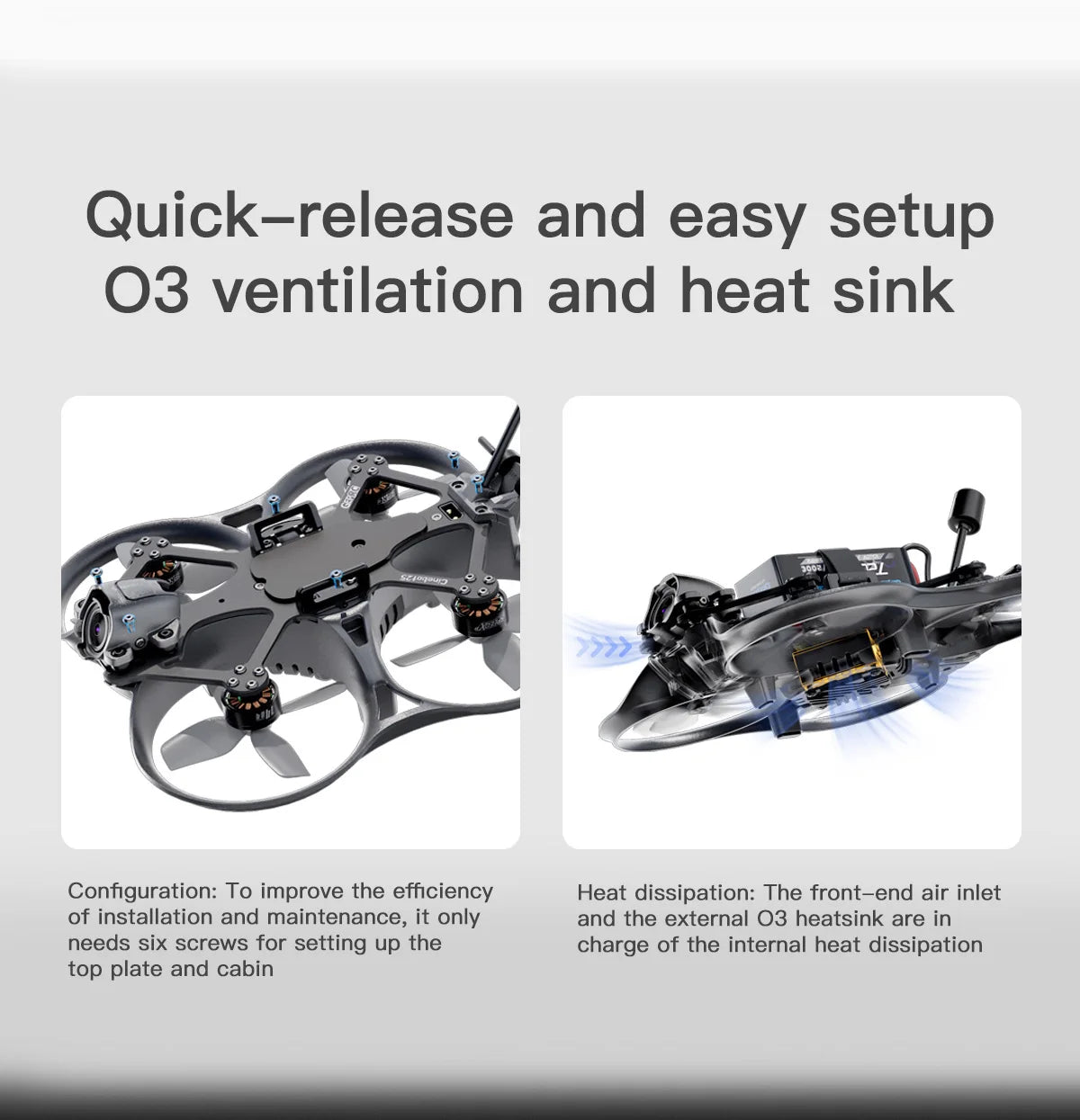 GEPRC Cinebot25 HD O3 FPV Drone - 2.5inch Racing Freestyle Quadcopter TAKER G4 45A AIO FC SPEEDX2 1404 4600KV Motor RC 128K PWM 13 GEPRC Cinebot25 HD O3 FPV Drone, quick-release and easy setup 03 ventilation and heatsink are in needs six screws for setting